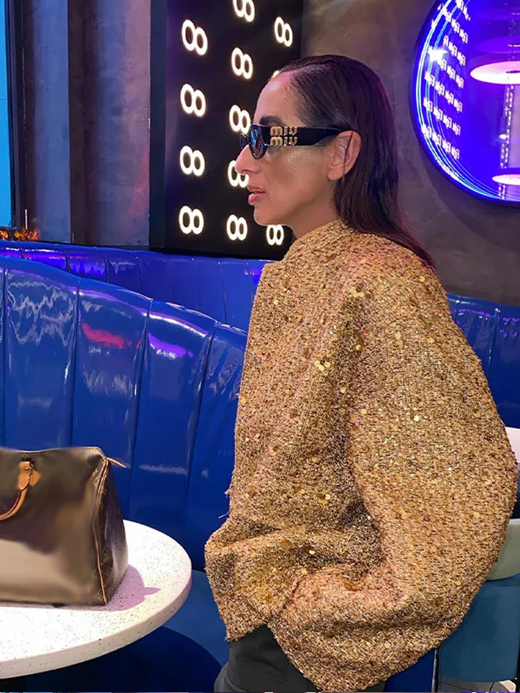Sequin Women Coat Gold Long Sleeve Stand Collar Gold Female Jacket Autumn Winter Fashion Single Breasted Party Lady Outwear