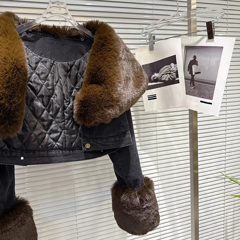 Winter New Fashion Street Style Sailor Collar Faux Fur Quilted Denim Short Coat For Women High Waist Jacket 11A07450