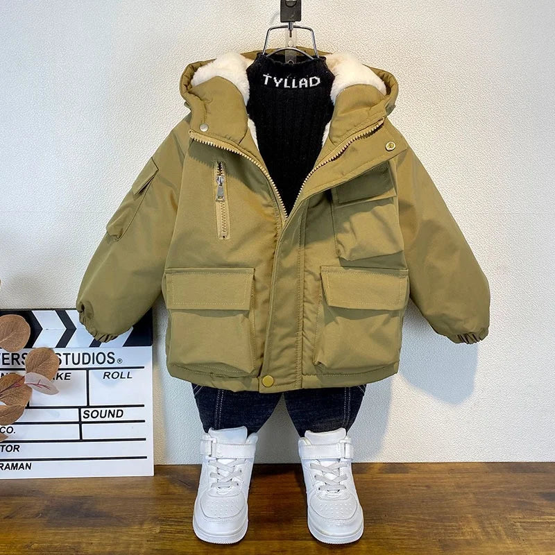 Winter Boys Jacket Children Clothing Keep Warm Cotton Thicken Coats Kids Zipper Hooded Outerwear Plus Velvet Jackets