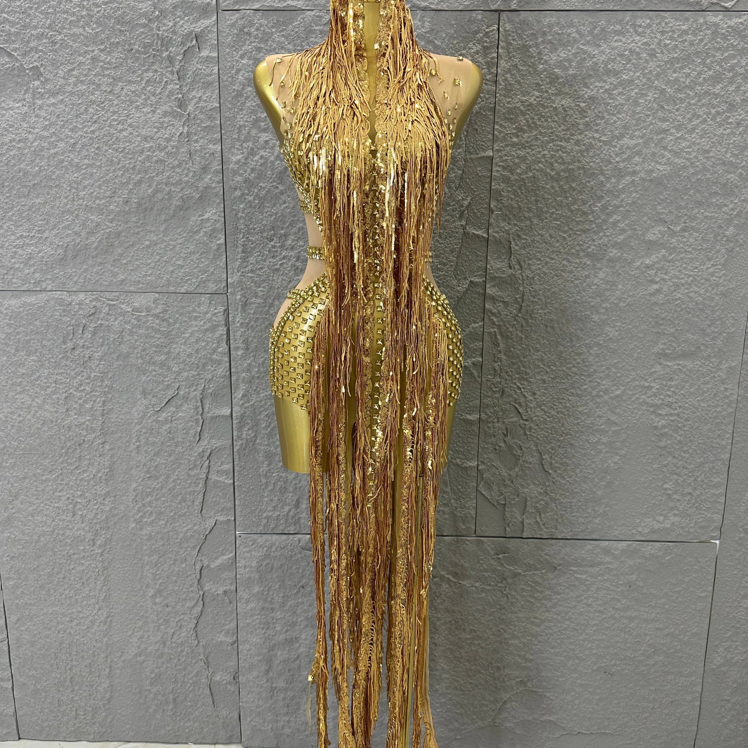 Opulent Gold Halter Neck Mini Dress Women Sexy Crystal Embellished Fringe Trim Form-Fitting Outfit Formal Event Party Costume Gold