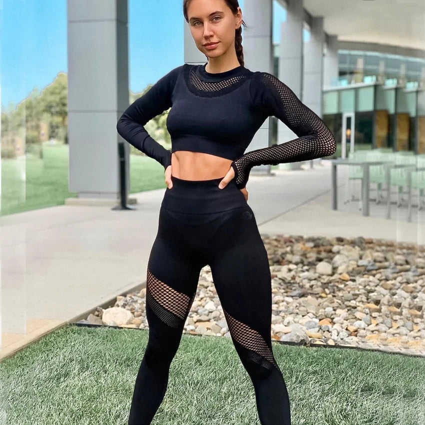 Seamless Yoga Set Sport Outfits Women 2pcs Two Piece Hollow Long Sleeve Crop top Leggings Workout Wear Gym Suit Fitness Sets Black Set
