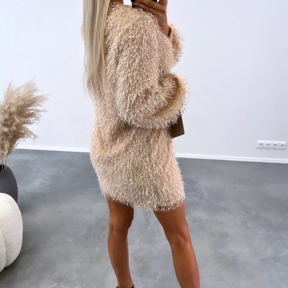Women Dresses Spring Fashion Fluffy O-Neck Casual Plain Long Sleeve Daily Mini Straight Dress Woman Clothing