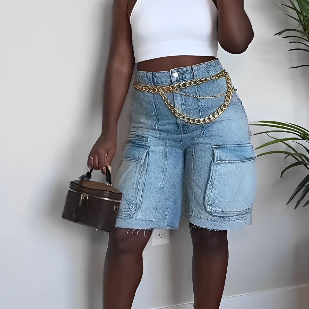 CM.YAYA Women Fashion Pocket Side Straight Knee Length Cargo Jeans 2025 Summer Party Street Short Pants