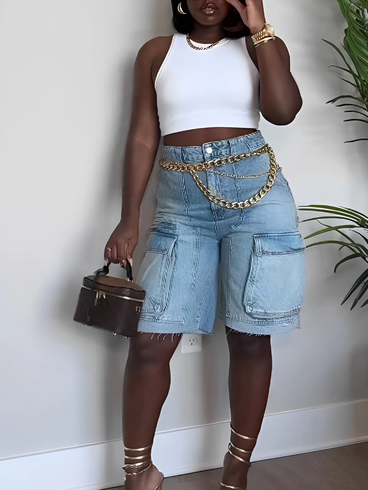 CM.YAYA Women Fashion Pocket Side Straight Knee Length Cargo Jeans 2025 Summer Party Street Short Pants