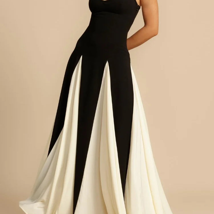 Fashion Contrasting Color Spaghetti Strap Dress For Women Elegant Gauze Backless A-line Long Dresses New Lady Party Evening Gown
