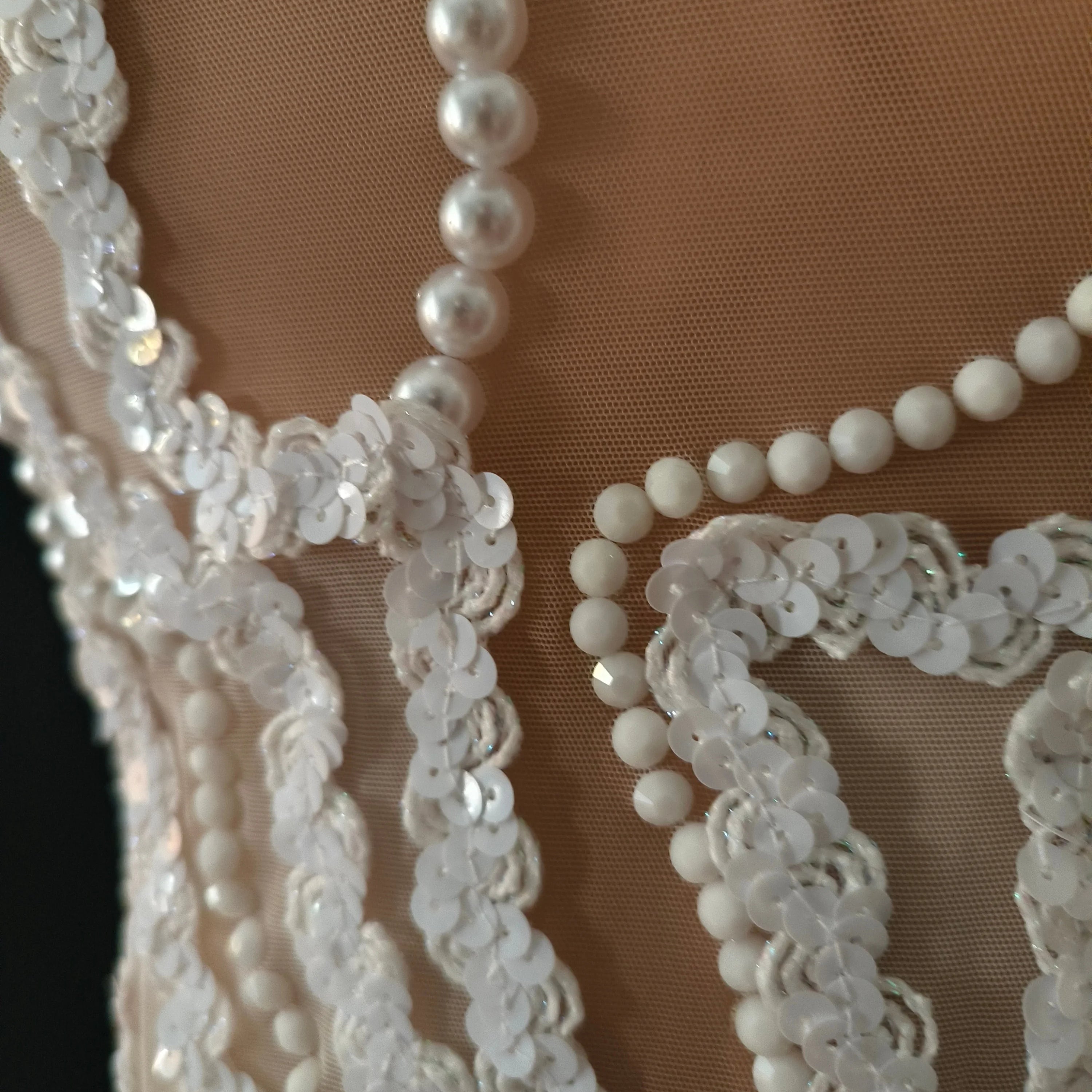 Refined White Sheer Mesh Maxi Dress Women Sexy High Neck Pearl Lace Bodycon Cocktail Nightclub Evening Gala Party Costume