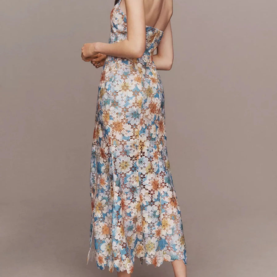 Colorblock Hollow Out Spliced Printing Elegant Dresses for Women Halter Neck Sleeveless Split Dress Female Fashion