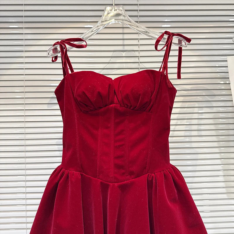Winter New Elegant Fashion Bow Tie Velvet Waist-Cinching Strap Dress For Women Backless Dresses Female 11A07742