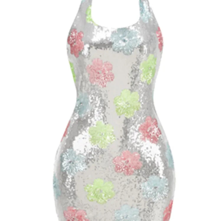 Luxury Women Celebrity Sexy Backless Halter Leaf Mesh Sequins Mini Gowns Dress 2025 Elegant Evening Party Club Vestido