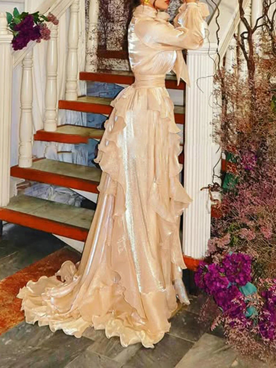 Solid Loose Midi Dresses for Women Round Neck Long Sleeves Patchwork Lace Up Temperament Dress Female Clothing New APRICOT