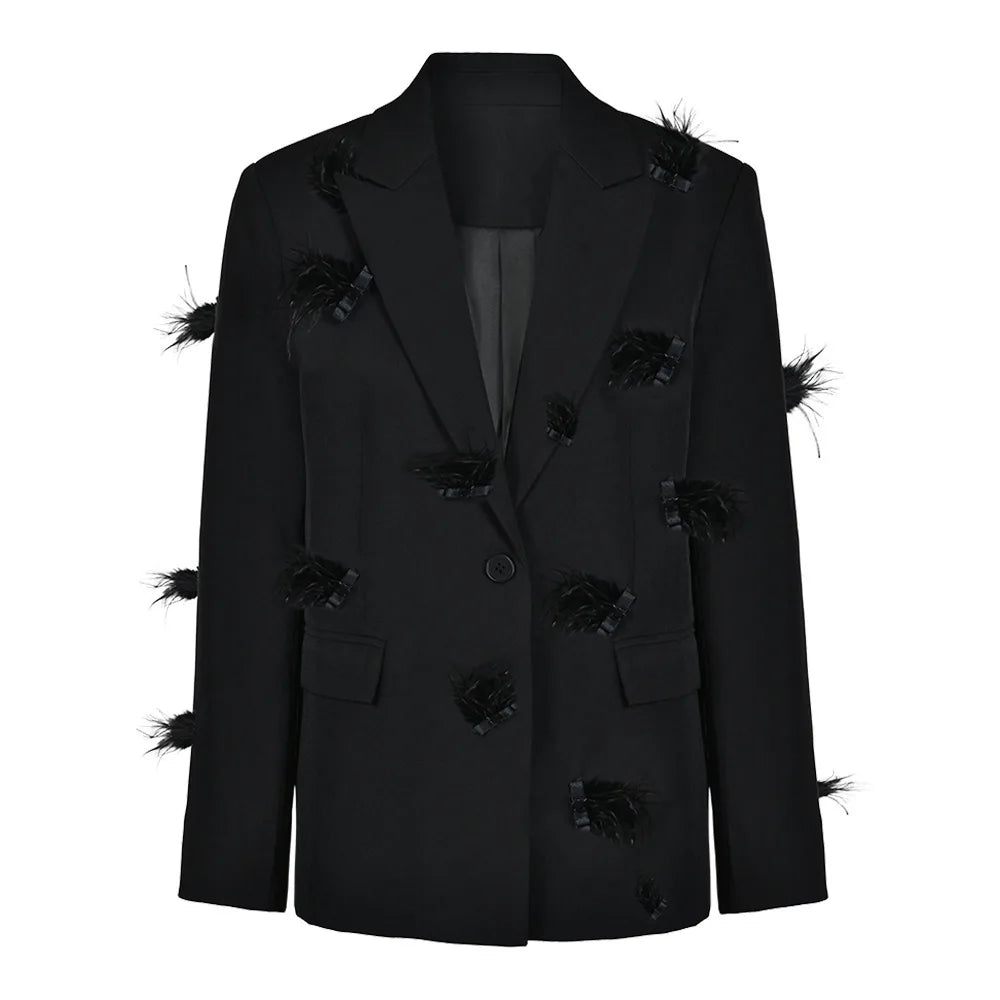 Solid Slimming Spliced Bead Feather Blazers for Women Lapel Long Sleeves Patchwork Button Blazer Female Fashion New BLACK