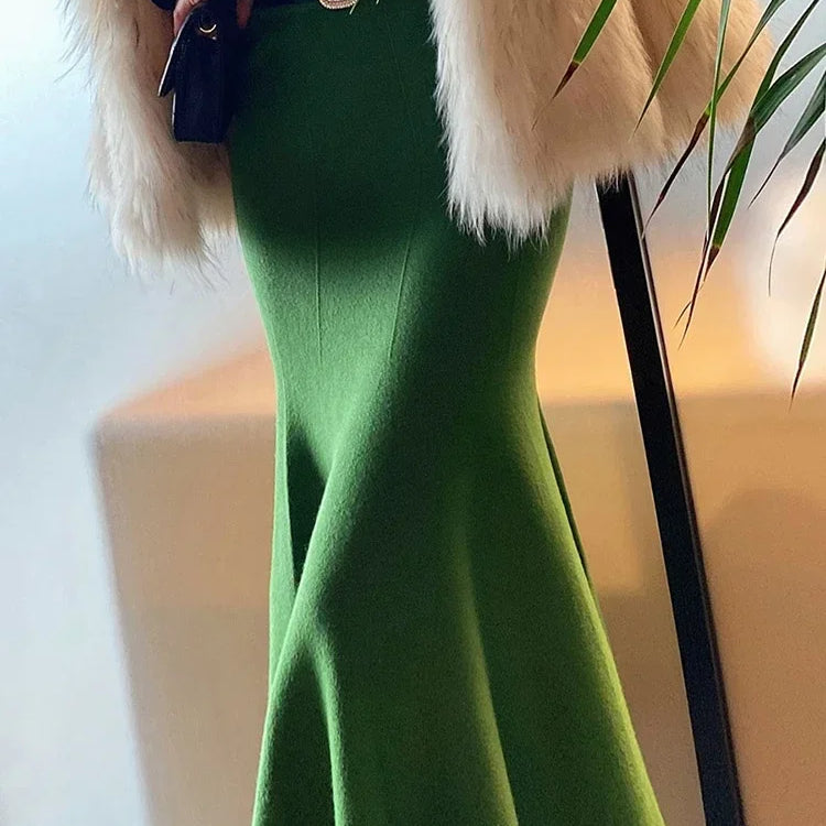 Women's Skirts Autumn Winter Fashion Knitted Long Skirts for Women Green Vintage Slim Korean Style A-LINE Fishtail Skirt