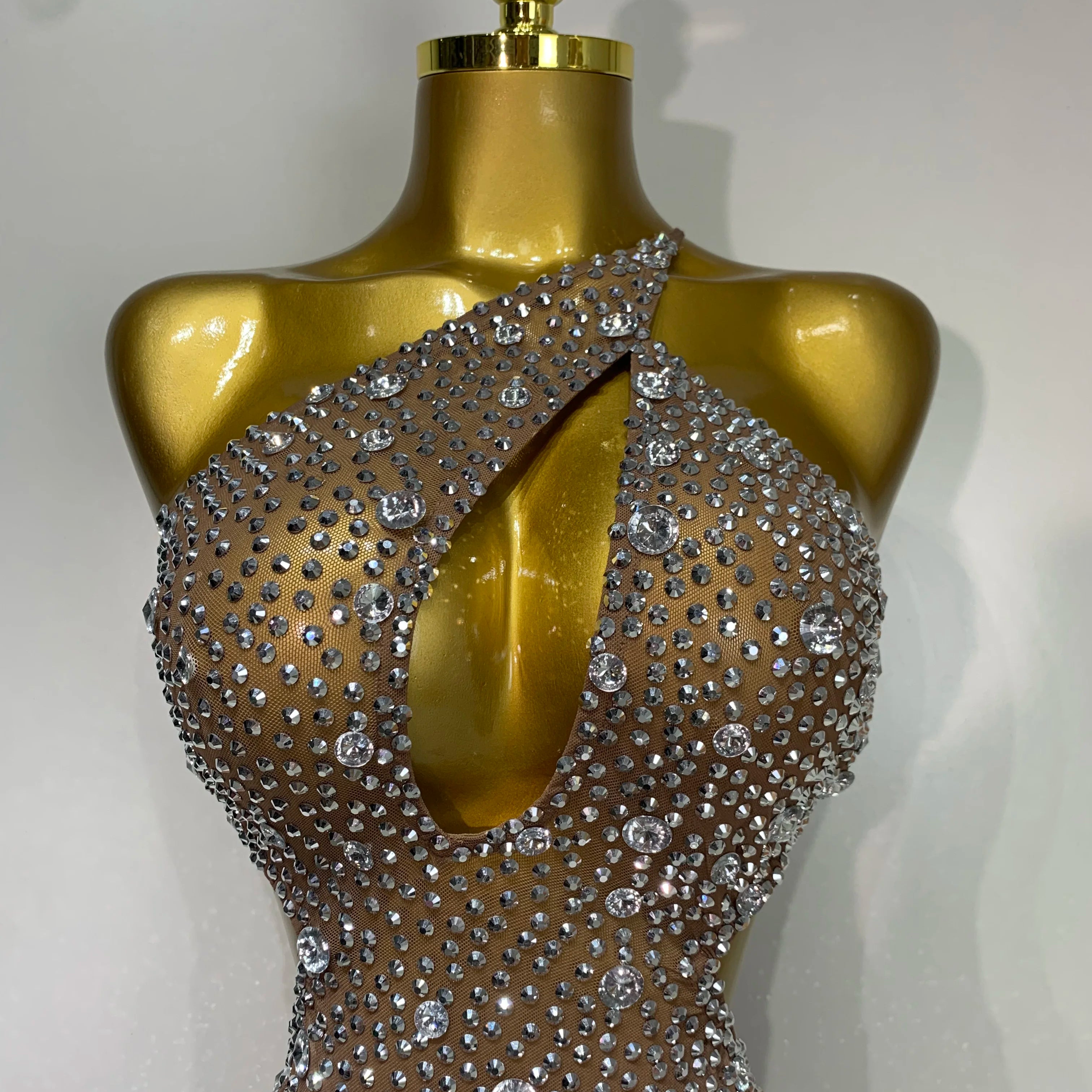 Women Sexy Mesh See Through One Shoulder Luxury Rhinestones Stage Costume Singer Dancer Nightclub Evening Party Birthday Dresses