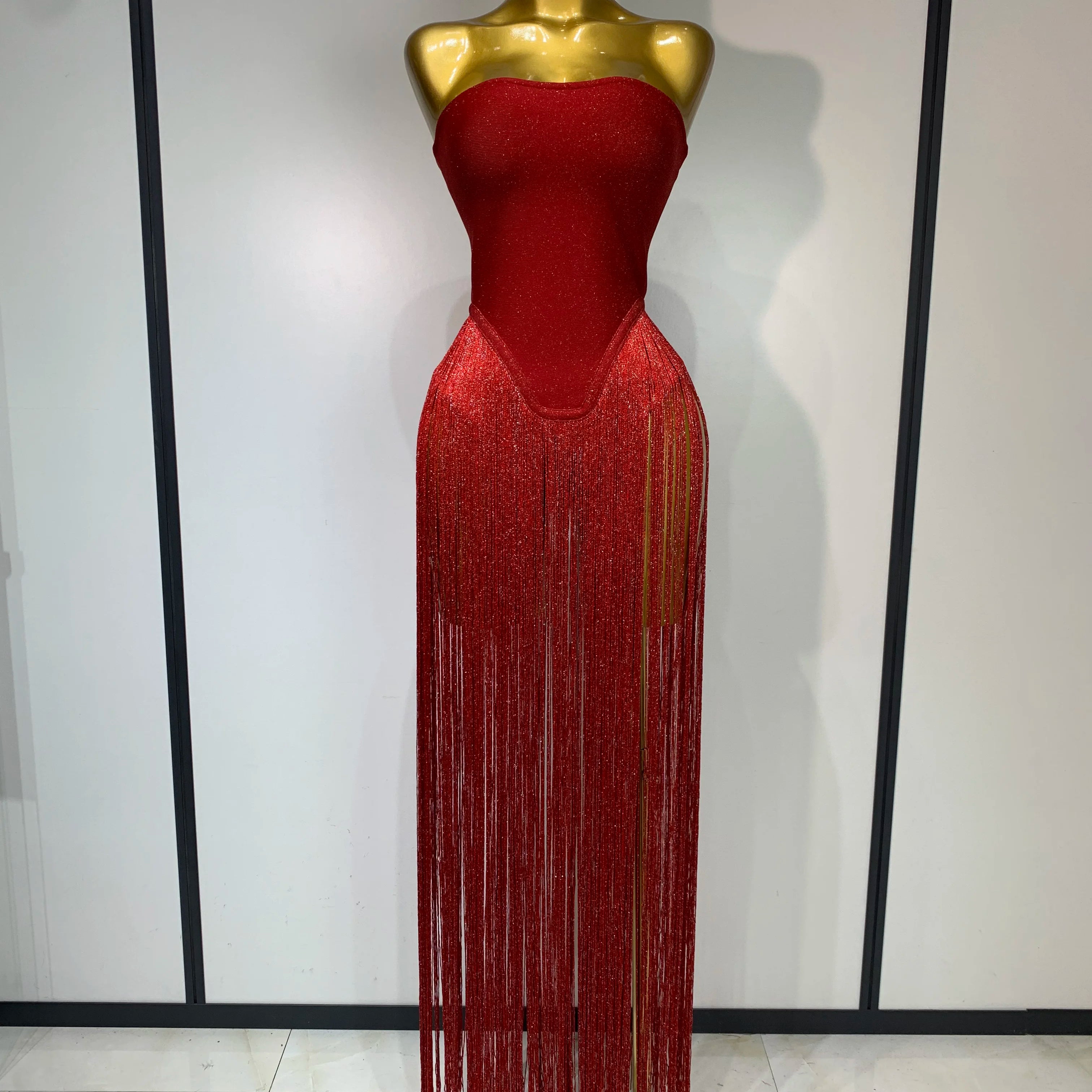 Fashion Design Long Tassel Patchwork Strapless Bandage Bodysuit Women Sexy High Street Evening Party Nightclub Hotwife Outfit Red