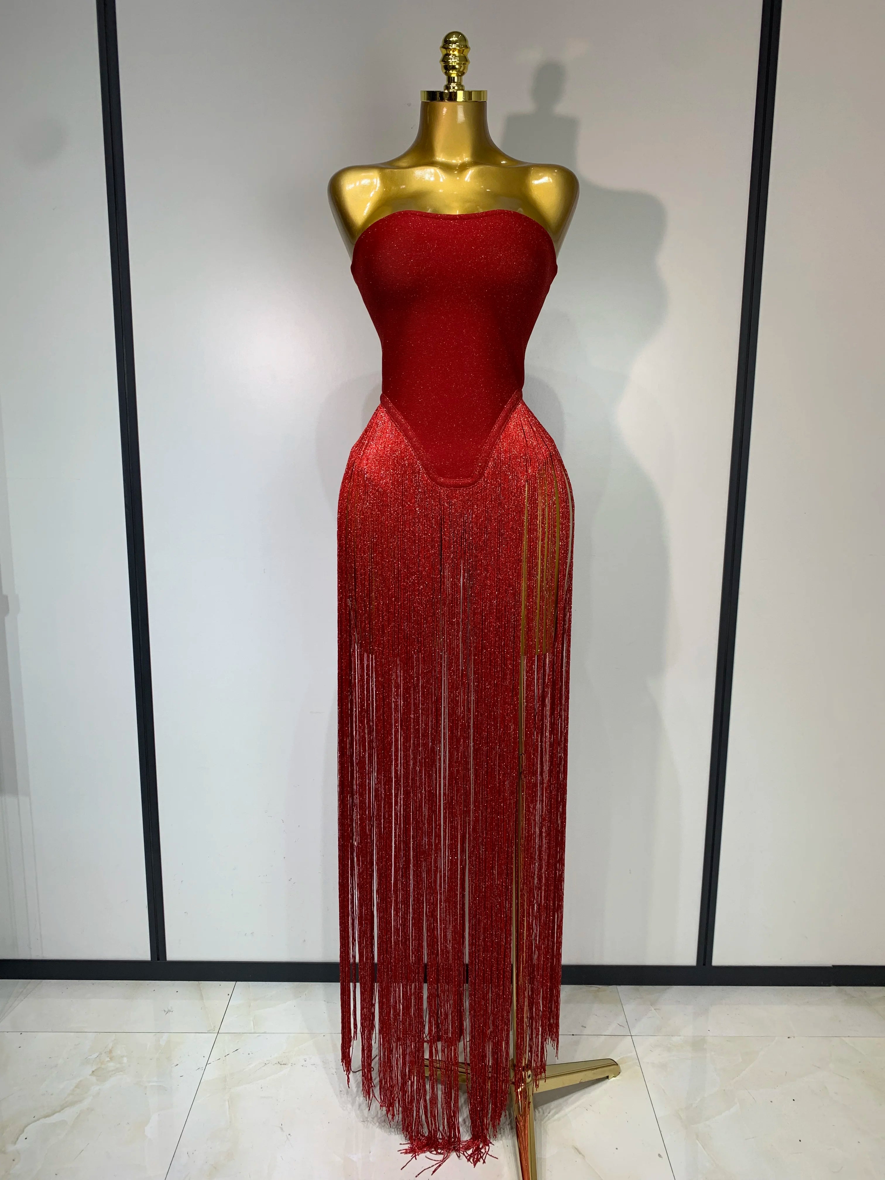 Fashion Design Long Tassel Patchwork Strapless Bandage Bodysuit Women Sexy High Street Evening Party Nightclub Hotwife Outfit Red