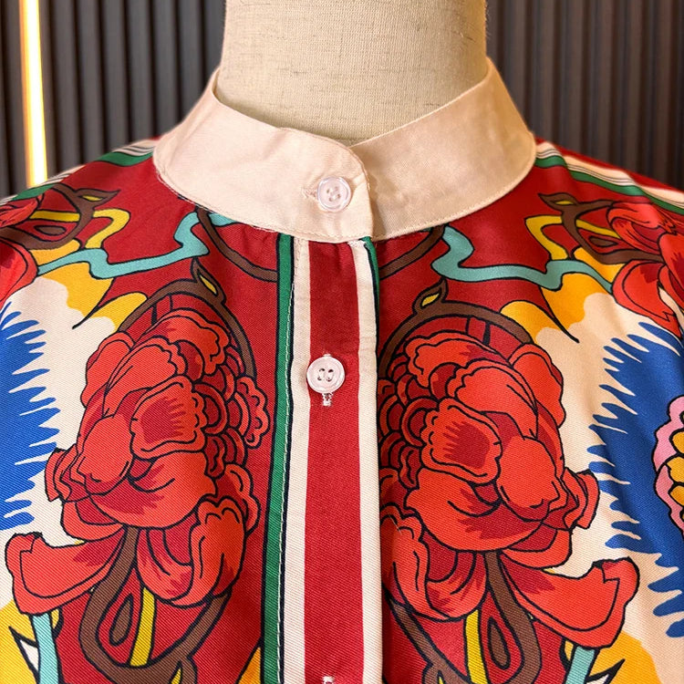 ZARATRAFnew summer women's silk texture printed trousers suit shirt bat shirt + positioning printed high waist trousers