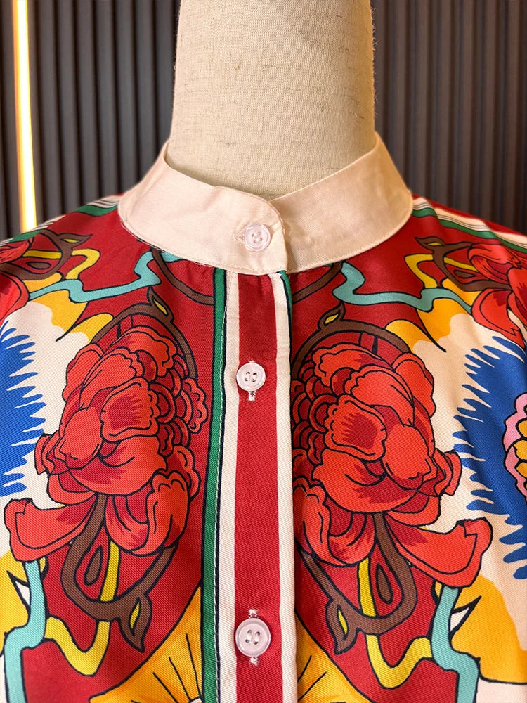 ZARATRAFnew summer women's silk texture printed trousers suit shirt bat shirt + positioning printed high waist trousers