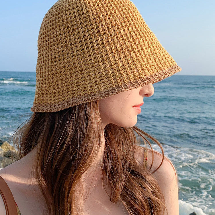 Summer Bicolor Knit Bucket Hat For Woman 2024 Trendy Black Bucket Hat Sun Caps Fashion Trend Charm Y2k Young Girl Kpop Gift Girl