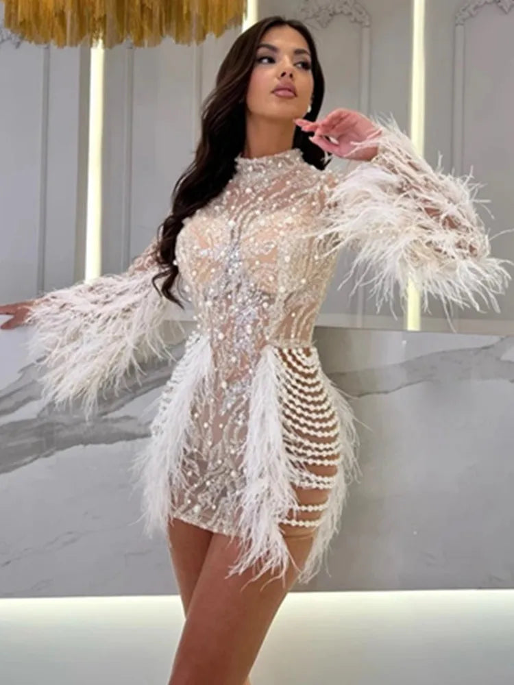 New Women Celebrity Sexy Long Sleeve Feather White Mini Pearl Bodycon Gowns Dress 2024 Elegant Evening Party Club Dress WHITE