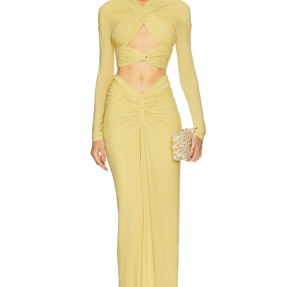 2025 New Spring Women Long Sleeve Sexy Mesh Keyhole Bodycon Long Dress Celebrate Fashion Nightclub Party Cocktail Dress Vestido Yellow