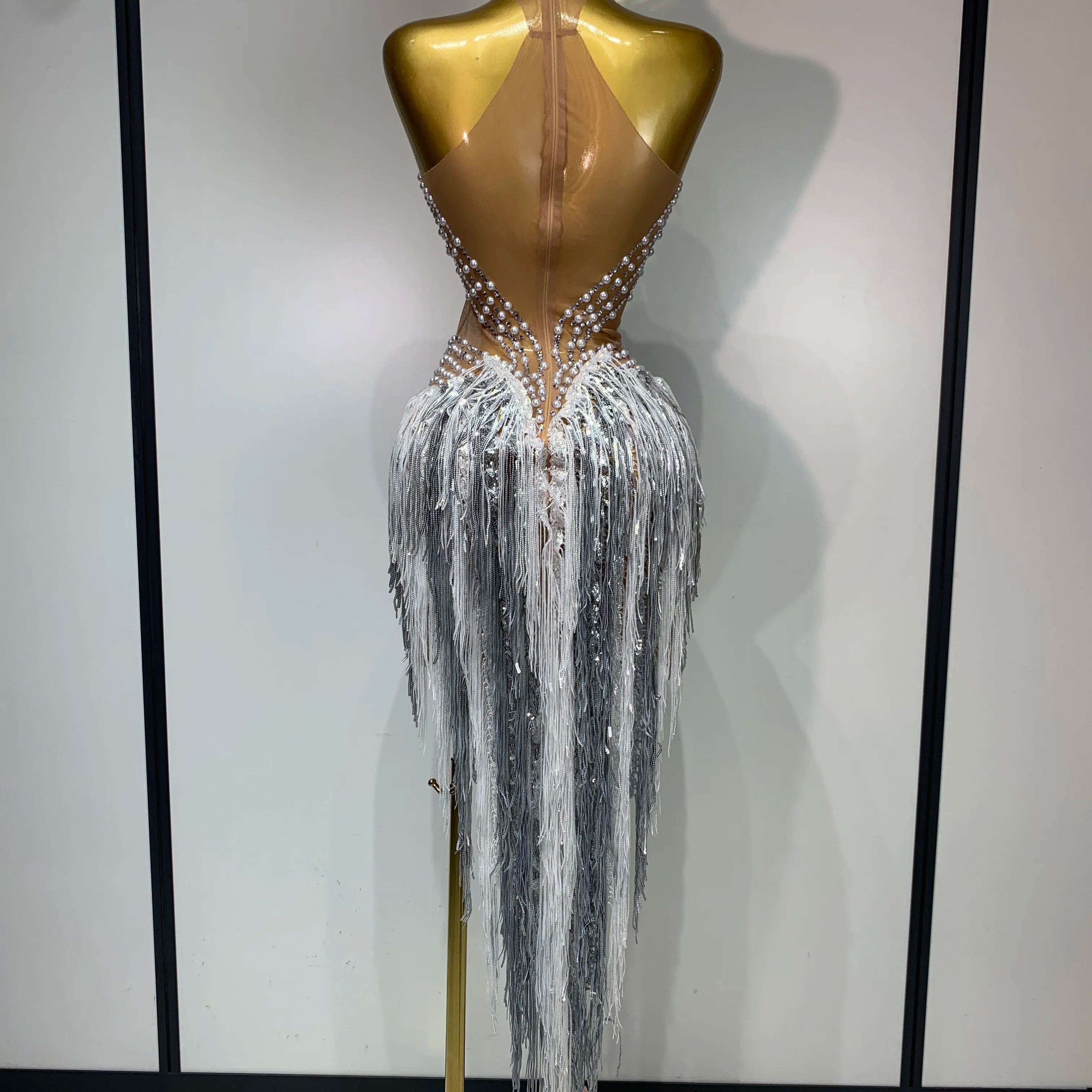 Women Sparkly Rhinestones Pearls Tassel Sexy Mesh See Through Dress Latin Dance Outfits Bar Nightclub Party Stage Costume
