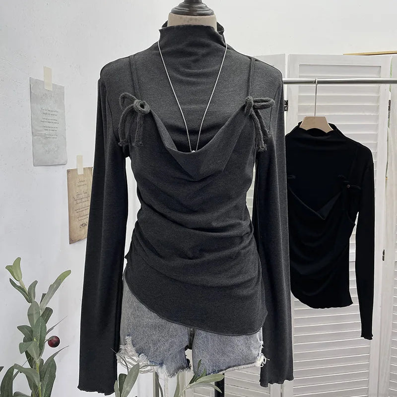 DEAT 2026 Spring New Lace-up Camisole Fake Two-piece Long Sleeve T-shirt For Women Fleece Inner Layer Base Shirt Top 11A07917 Gray One Size