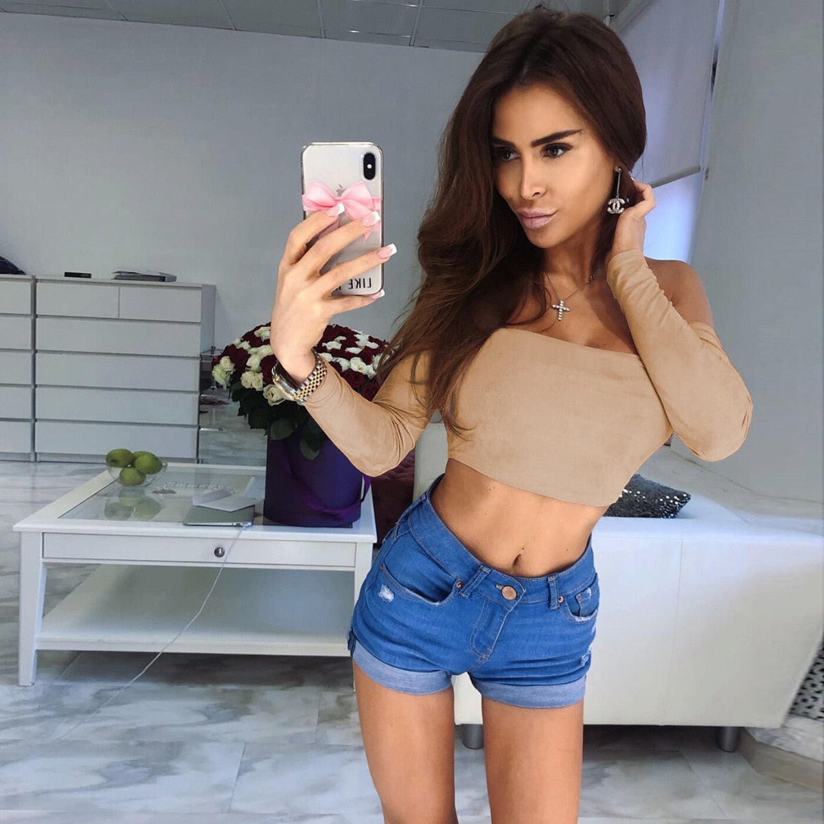 Slash Neck Crop Top Women Summer Casual T Shirt Basic Sexy Streetwear Long Sleeve Tops Autumn Solid Bodycon Fashion Tops 2024 Khaki