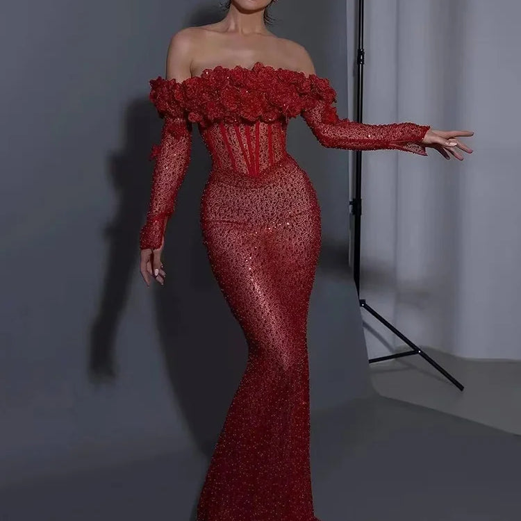 VC Red Structured Flower Boned Bodice Christmas Long Dress For Women Long Sleeves Sequins Mermaid Party Evening Gown