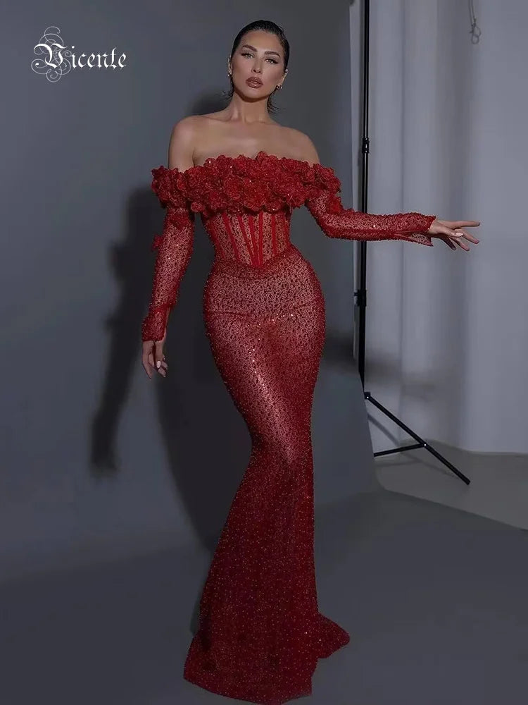 Red Structured Flower Boned Bodice Christmas Long Dress For Women Long Sleeves Sequins Mermaid Party Evening Gown