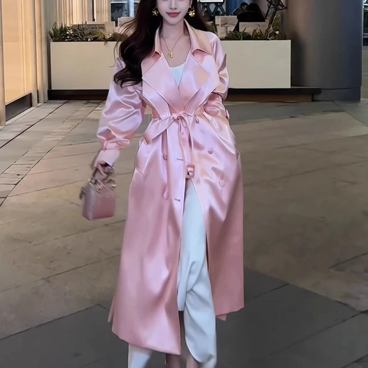 Lautaro Spring Autumn Long Flowy Shiny White Trench Coat for Women Double Breasted Elegant Stylish Luxury Design Clothes 2025 Pink