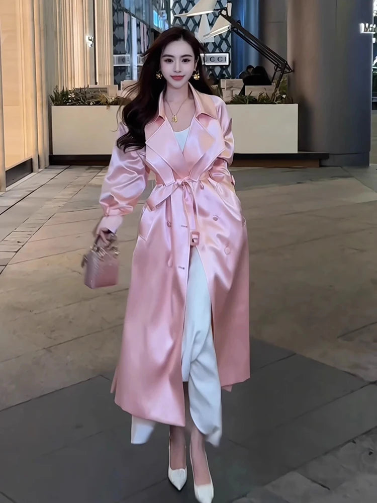Lautaro Spring Autumn Long Flowy Shiny White Trench Coat for Women Double Breasted Elegant Stylish Luxury Design Clothes 2025 Pink