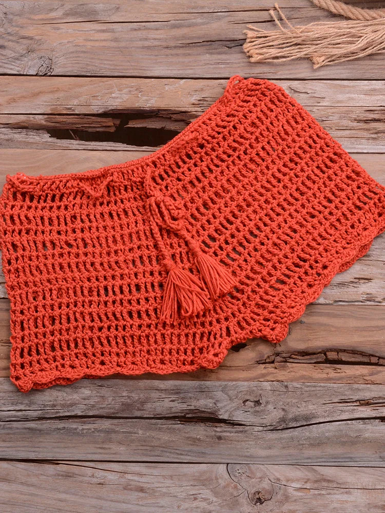 Crochet Hollow Out Tassel Beach Cover Up Sexy Women Mini Tops Beachwear Bikini Swimwear Bathing Suit Cover Up Rusty Red Bottom One Size