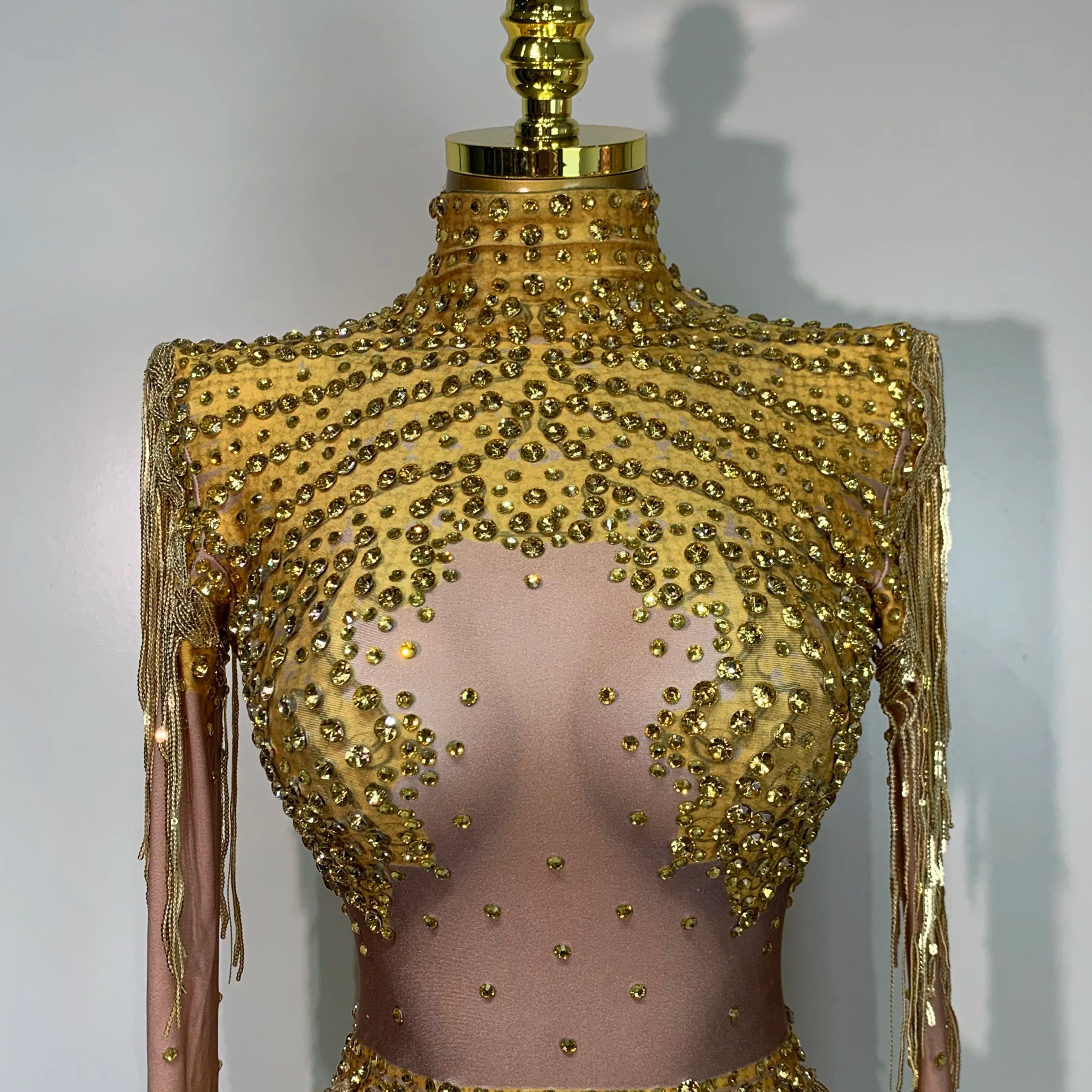 Women Long Sleeve Sexy Shinning Tassels Rhinestone Bodycon Bodysuit High Stretch Bar Dancer Nightclub Stage Wear Birthday Outfit