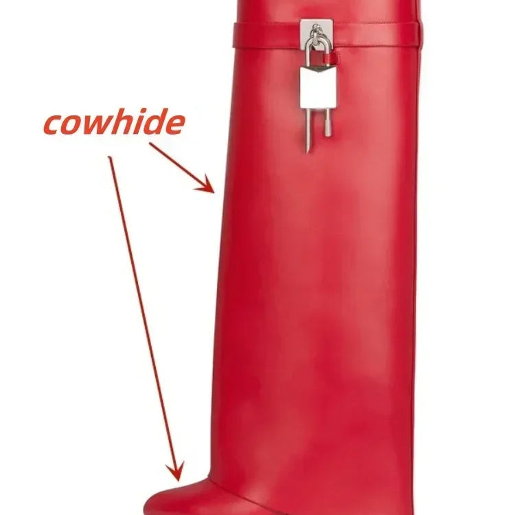 European and American Metal Lock Fasteners for High Tube Skirts, Boot Slopes, Leg Sleeves, Knee Length Boots, Platform Boots red cowhide