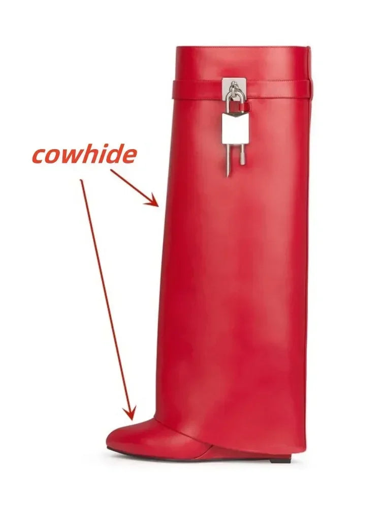 European and American Metal Lock Fasteners for High Tube Skirts, Boot Slopes, Leg Sleeves, Knee Length Boots, Platform Boots red cowhide