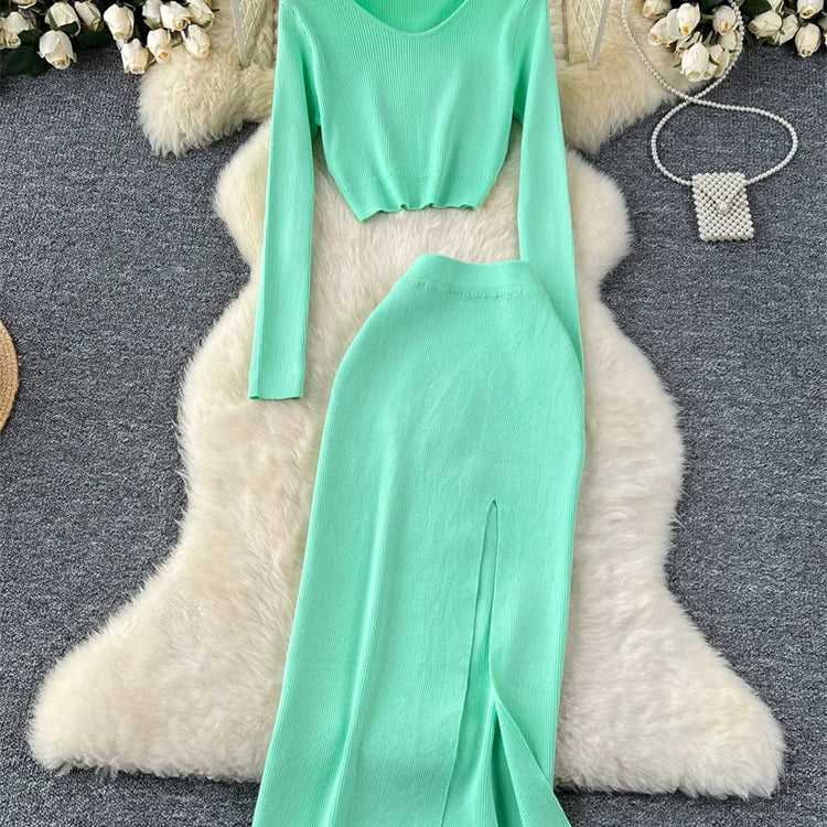SINGREINY Autumn Sweater Two Pieces Suits Long Sleeves Knit Top+ Elatic Waist Slim Split Long Skirt Sets Women Warm Knitted Suit