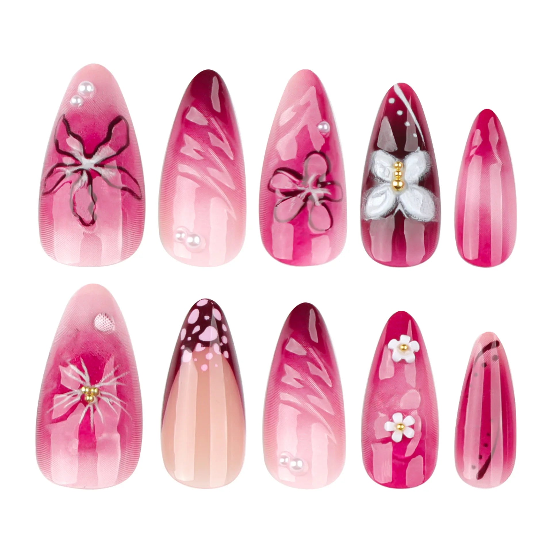 24pcs Charming Almond Fake Nails Smudging Rose Pink Almond False Nail White Ice Flower French Style Press On Nail For Spicy Girl