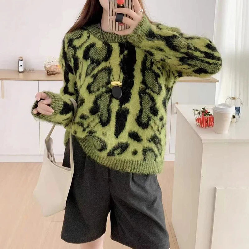 Autumn Winter New Leopard Print Round Neck Pullover Sweater For Women Elegant Knitted Tops Female Trendy 11A07744 Green One Size