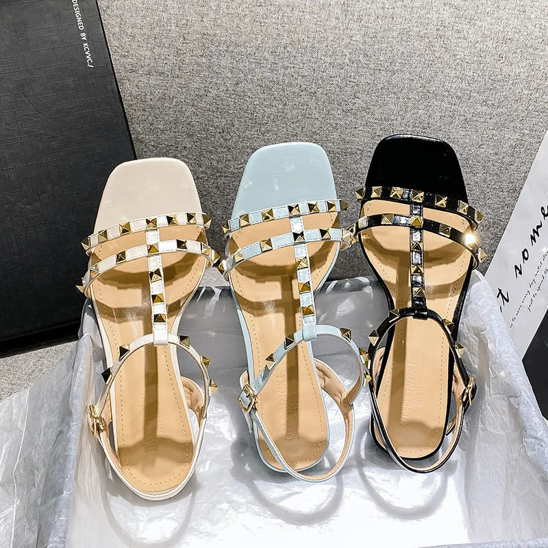 2023 Summer low heel women rivets sandals thin ribbon fashion Korean design girls shoes large size wear slippers free delivery