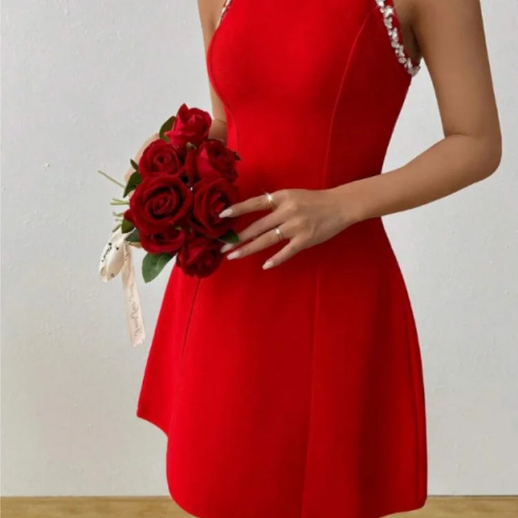 Black Red Color Women Sleeveless Sexy Off the Shoulder A-Line Mini Bandage Dress Diamond Fashion Birthday Party Outfit