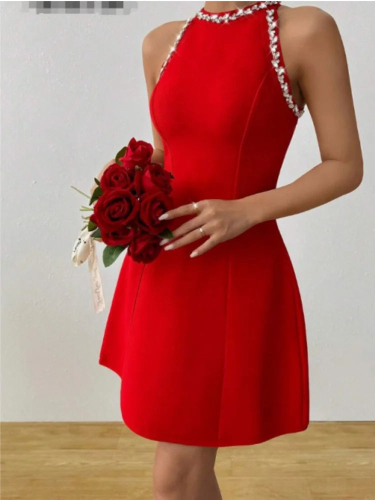 Black Red Color Women Sleeveless Sexy Off the Shoulder A-Line Mini Bandage Dress Diamond Fashion Birthday Party Outfit