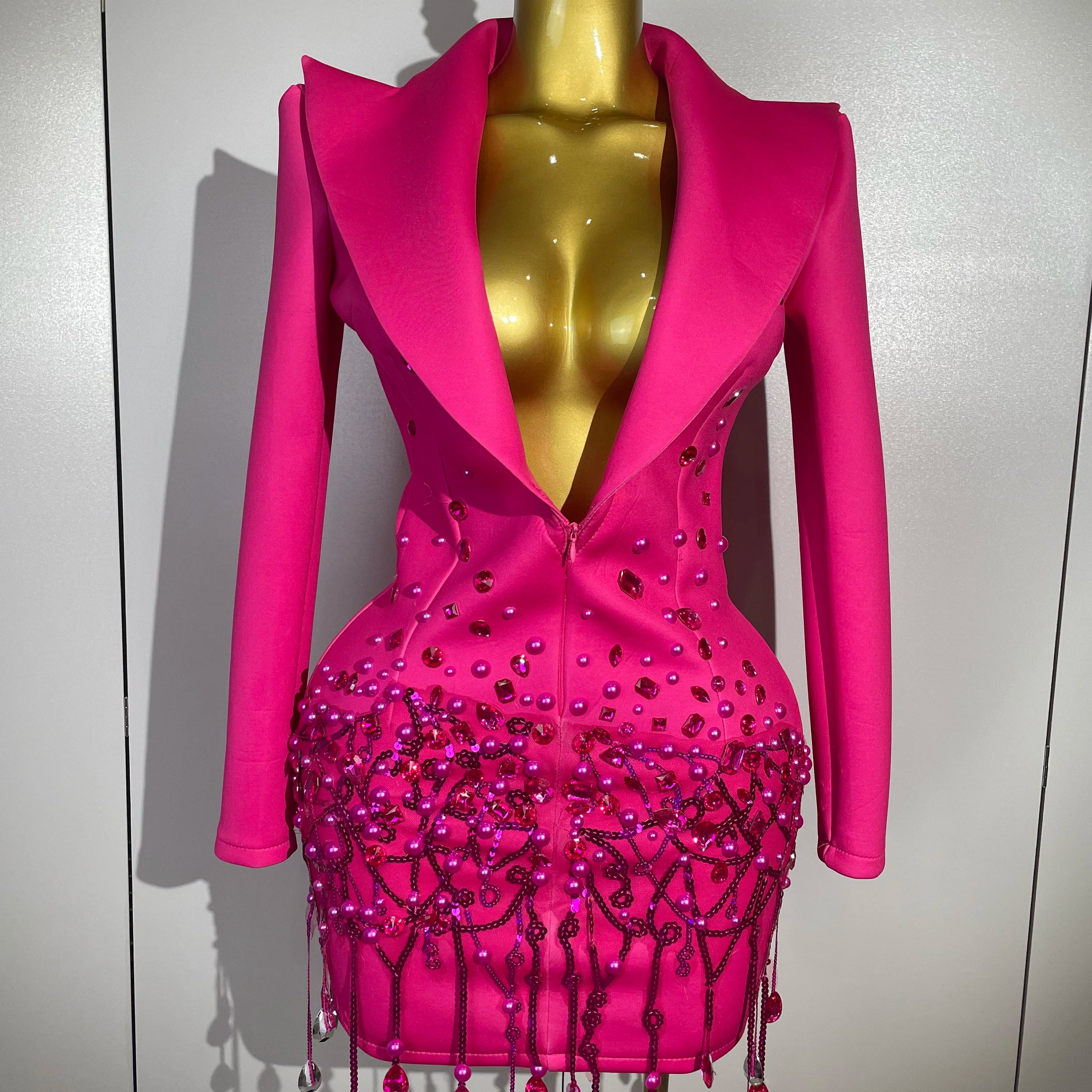 2025 Sparkly Crystal Chains Pearls Long Sleeve Mini Dress Women Birthday Evening Party Nightclub Outfit Singer Wedding Costume Rose Red