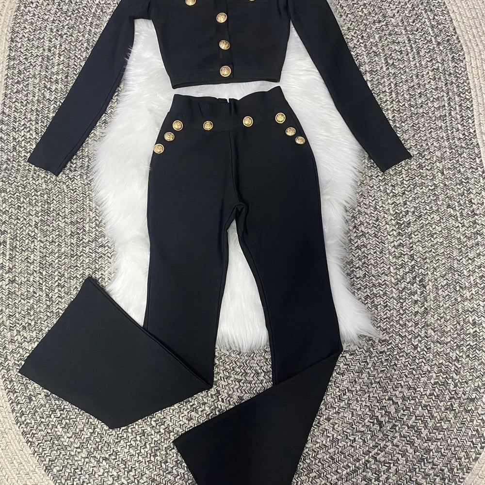 Celebrity Black Long Sleeve 2 Pieces Rayon Bandage Set Evening Party Set Vestidos