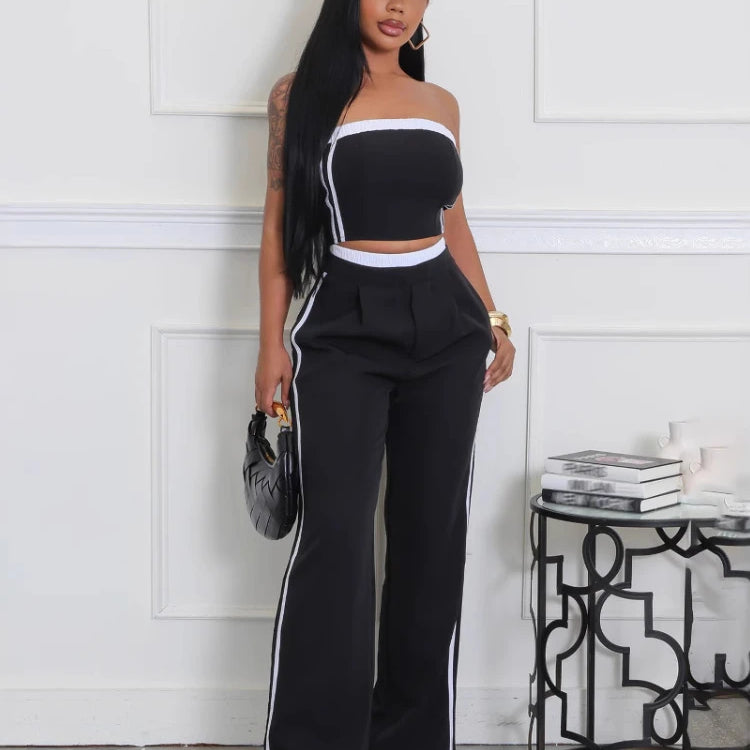 2025 Women's Set Sleeveless Ribbon Strapless Tops + Wide Leg Pants Fitness Streetwear Two 2 Piece Sets Outfits Tracksuit