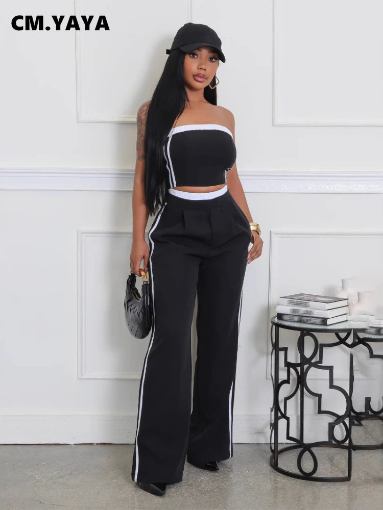 2025 Women's Set Sleeveless Ribbon Strapless Tops + Wide Leg Pants Fitness Streetwear Two 2 Piece Sets Outfits Tracksuit