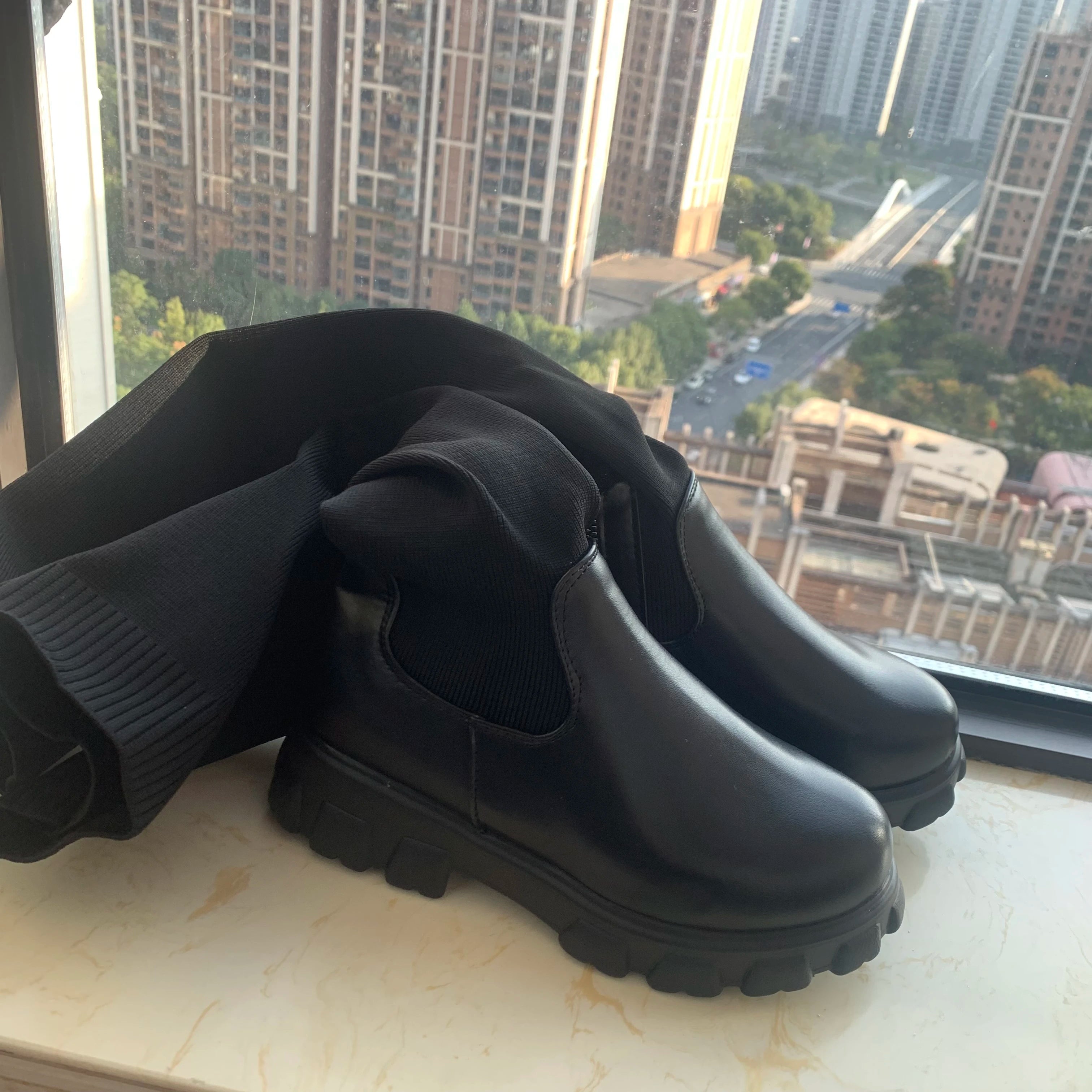 Women's Cotton Boots Winter Autumn Over The Knee Long Tube Leather Knitted Stitching Boots Fashion Female shoes