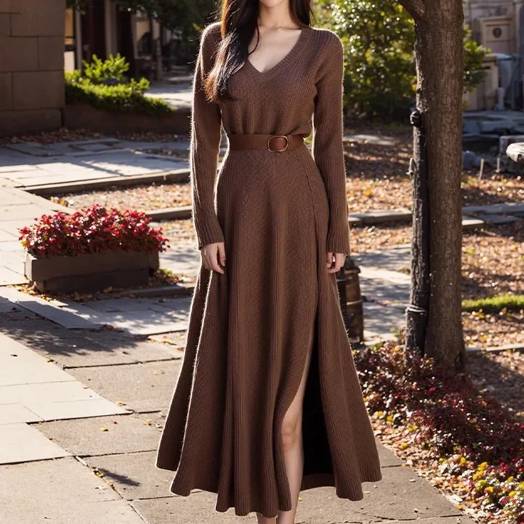 Vintage Idle Side Slit Coffee Color Sweater For Women Autumn/Winter New Socialite Style V-Neck Knit Dress Brown split knitted dress