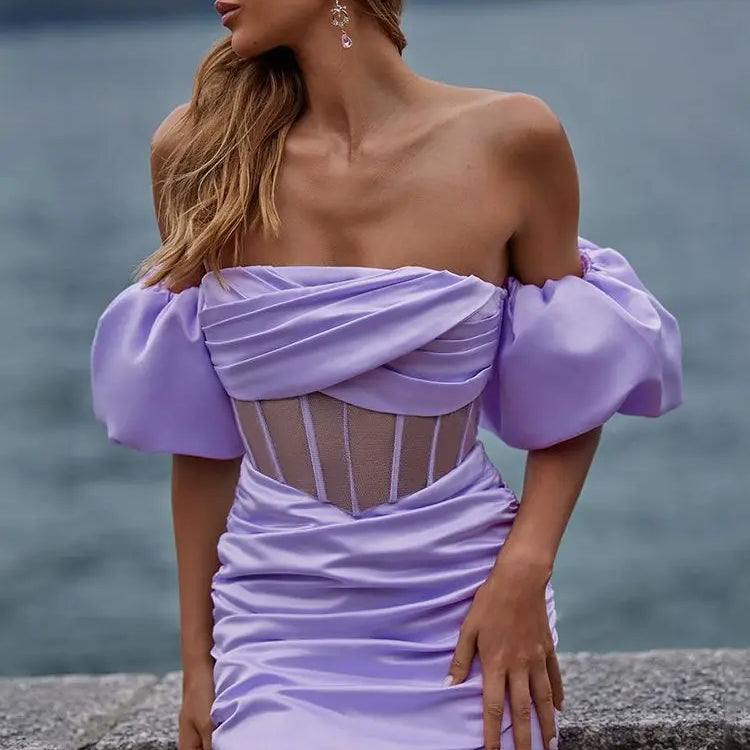 Ailigou New Summer Women's Bubble Sleeves Off Shoulder Pleated Sexy Tight Mini Dress Party Nightclub Elegant Dress Vestido
