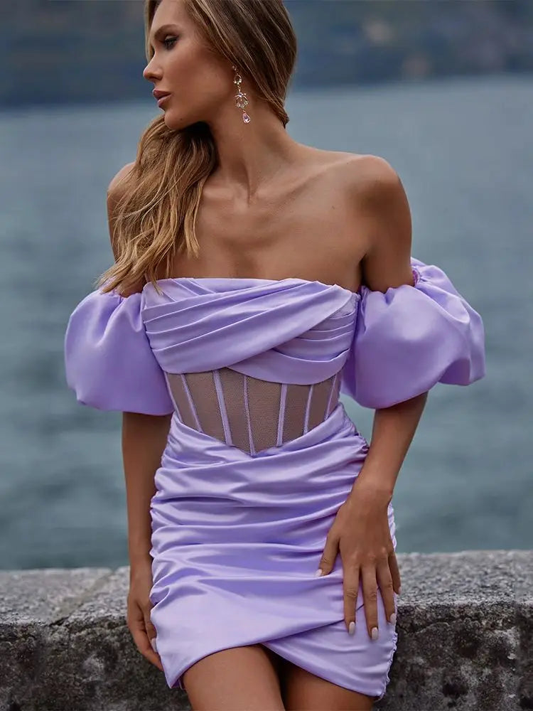 Ailigou New Summer Women's Bubble Sleeves Off Shoulder Pleated Sexy Tight Mini Dress Party Nightclub Elegant Dress Vestido