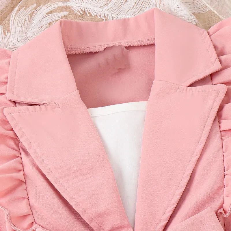 Summer Girl Suit Strap Solid Color+Short Sleeved Lapel Suit Jacket+Shorts 3Pcs Girls Outfits Korean Kids Children Clothing Sets